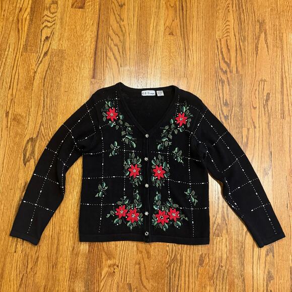 VTG Beaded Christmas Cardigan Sweater Womens Medium Sequins Poinsettia Holly - Picture 2 of 13